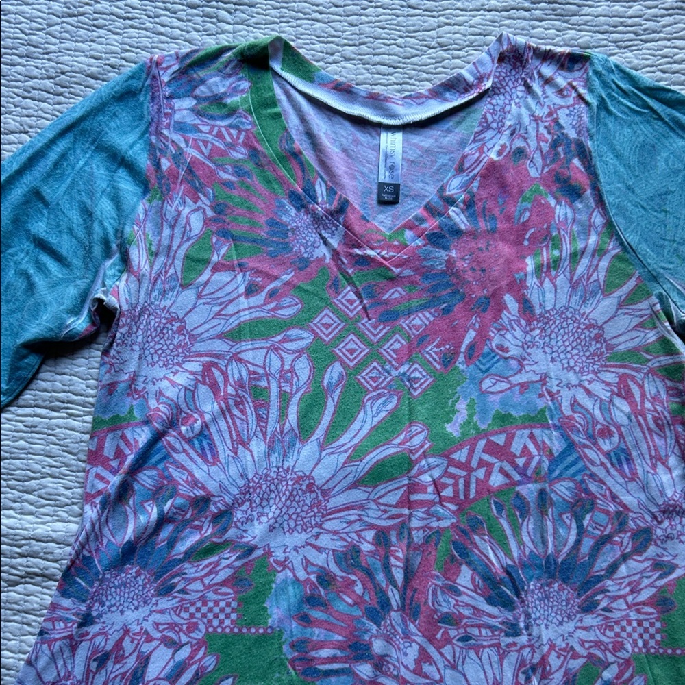 Funky Fractal Floral Mini Dress with V-Neck and Aqua Patterned Sleeves, XS - Picture 3 of 8